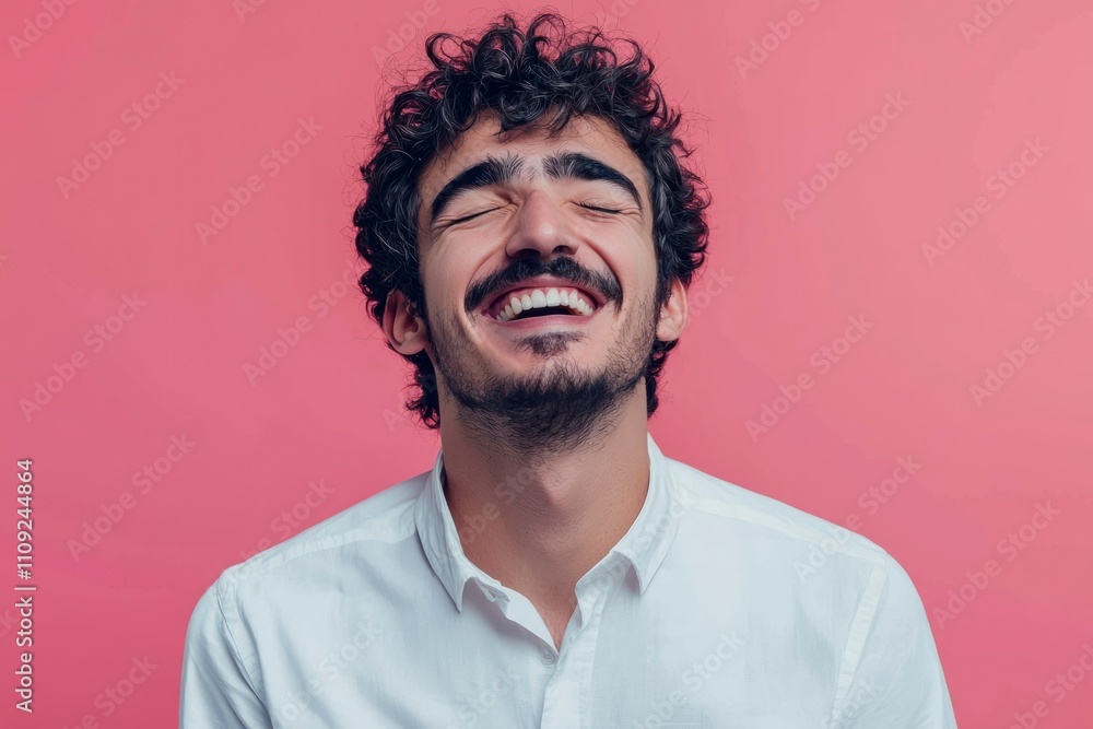 Man with curly hair laughs happily against pink background Man with curly hair laughs happily against pink background
