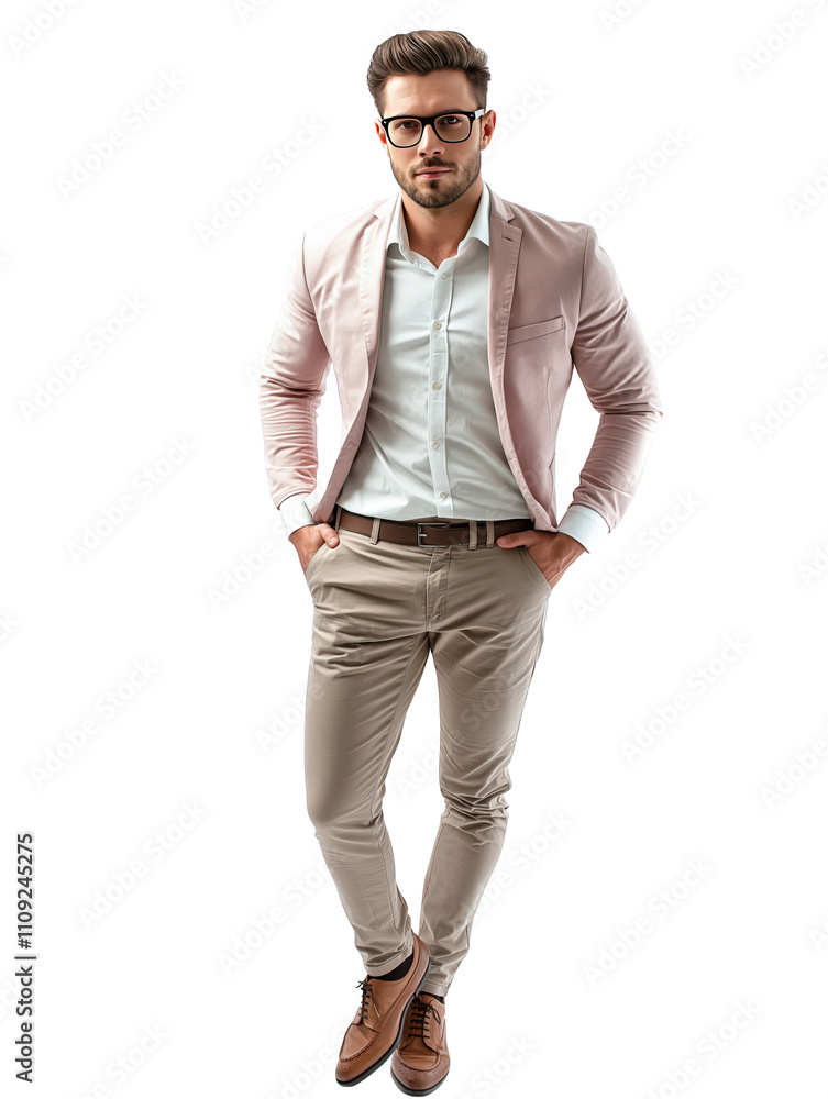 Fototapeta premium stylish man in pink blazer and beige pants, exuding confidence and sophistication. His glasses add modern touch to his elegant look, isolated on transparent background