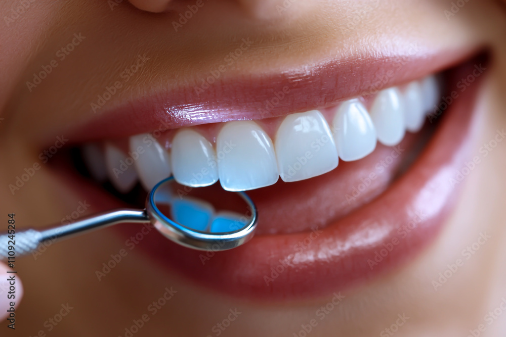 Fototapeta premium Dental treatment of beautiful young woman's teeth with instrument in mouth, close-up.