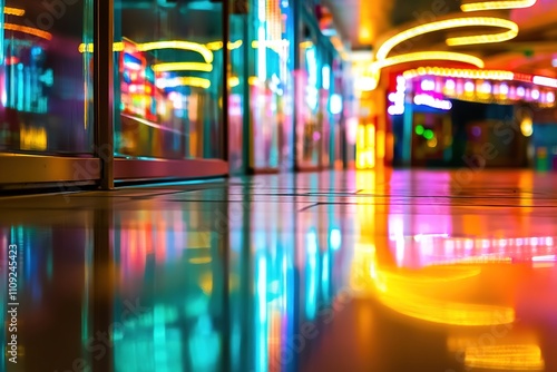 Vibrant neon lights in corridor with reflections on shiny floor