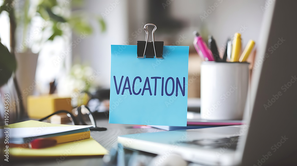 custom made wallpaper toronto digitalvacation note on a desk closed for holidays, office note, vacation reminder, Workspace with 'Vacation' Sticky Note, Laptop, and Colorful Office Accessories