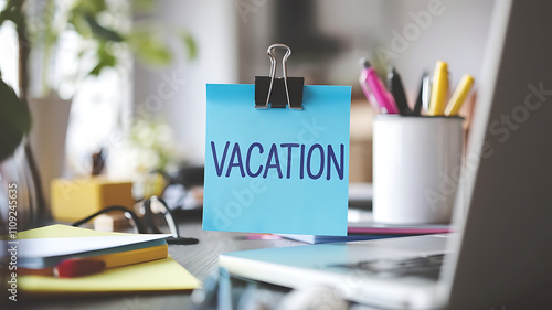 Wallpaper Mural vacation note on a desk closed for holidays, office note, vacation reminder, Workspace with 'Vacation' Sticky Note, Laptop, and Colorful Office Accessories Torontodigital.ca