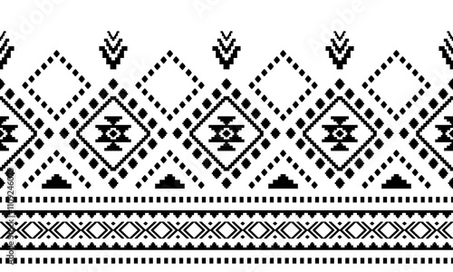 Southwest Aztec geometric Native American Mexican Navajo tribal ethnic seamless pattern fabric black and white design vector for textile printing