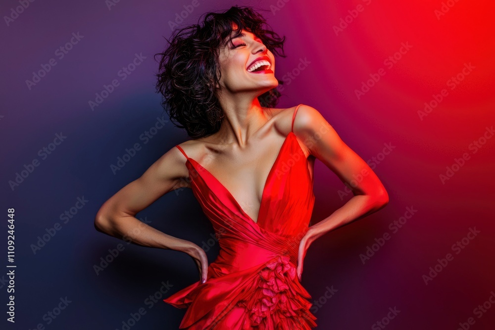 Woman in Red Dress Laughing Joyfully Against Dramatic Background Woman in Red Dress Laughing Joyfully Against Dramatic Background