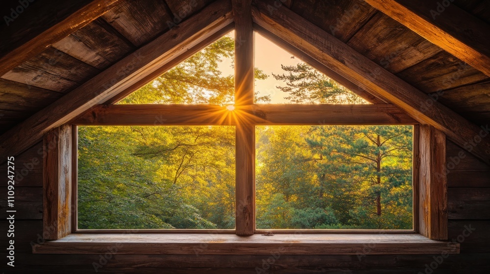 Fototapeta premium Sun shining through a wooden window in an attic.
