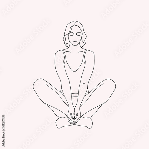 Foto Hand Drawn Woman Sitting On Floor With Crossed Legs One Line Art Illustration
