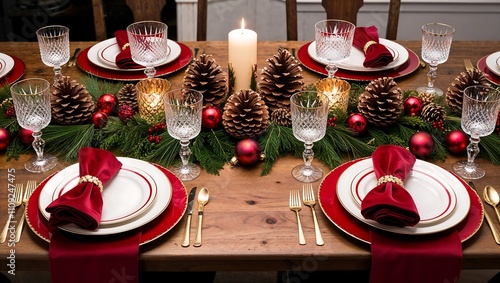 Elegant Christmas dinner table dressed red and gold tableware crystal glasses pinecone centerpiece and glowing candlelight photo