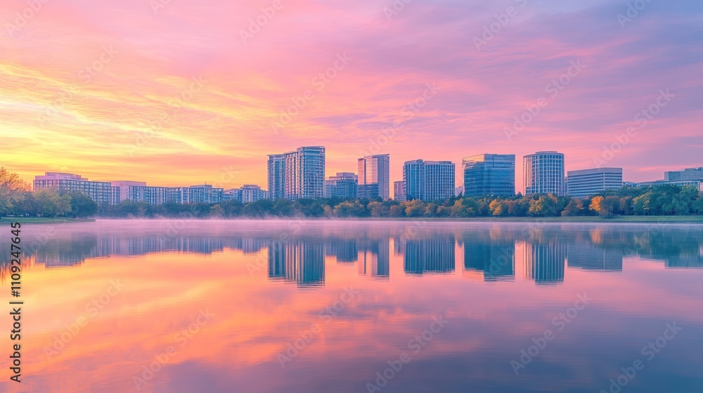 Obraz premium Modern City Skyline Reflected on Calm Lake at Sunrise