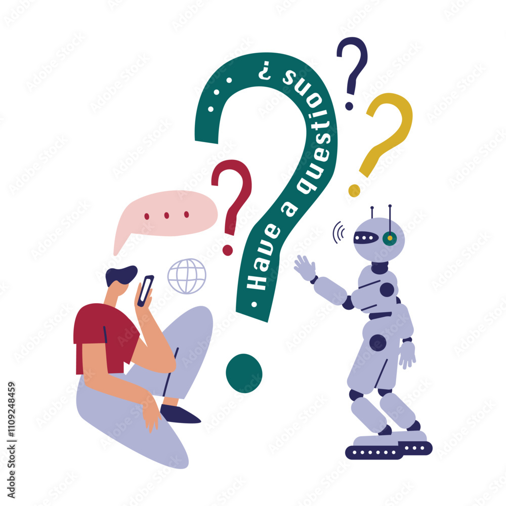Chatbot AI online communication, Automated text or voice conversations, Robot answer customer questions in chatbot services, Collaboration between humans and artificial intelligence.Vector design. Chatbot AI online communication, Automated text or voice conversations, Robot answer customer questions in chatbot services, Collaboration between humans and artificial intelligence.Vector design.