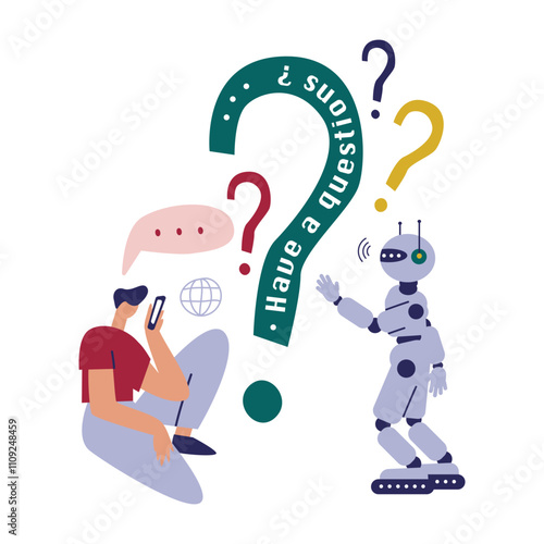 Chatbot AI online communication, Automated text or voice conversations, Robot answer customer questions in chatbot services, Collaboration between humans and artificial intelligence.Vector design.