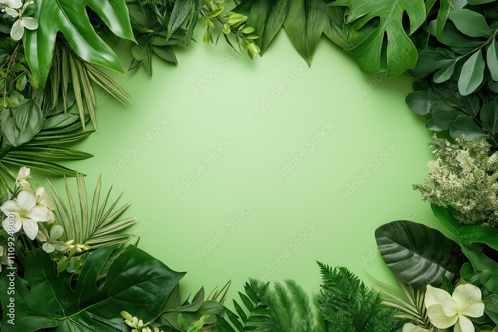 Tropical leaves border on light green background with lush foliage and exotic greenery Tropical leaves border on light green background with lush foliage and exotic greenery