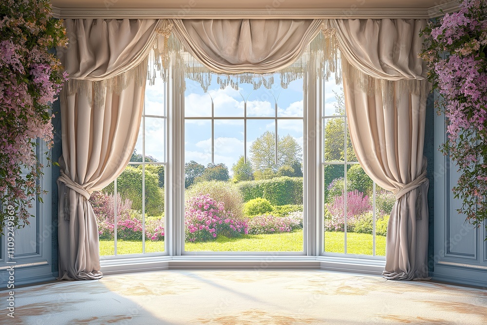 Fototapeta premium Soft, pastel curtains with tassels framing a large bay window, offering a view of a picturesque garden in bloom.