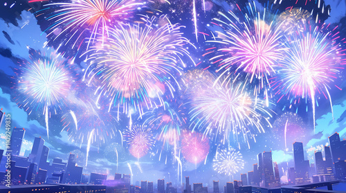 new year celebration kawaii anime manga background with fireworks
