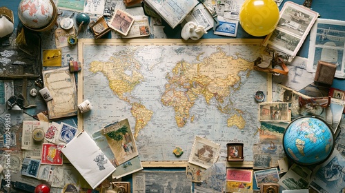 Colorful World Map Surrounded by Travel Souvenirs and Memorabilia