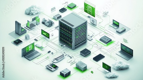 Network server connecting various devices, laptops, computers, tablets, and smartphones.