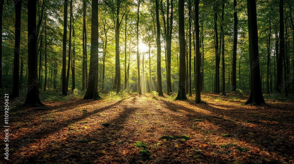 Fototapeta premium Sunlight filtering through trees enchanting forest photography serene nature ground level tranquility and calmness