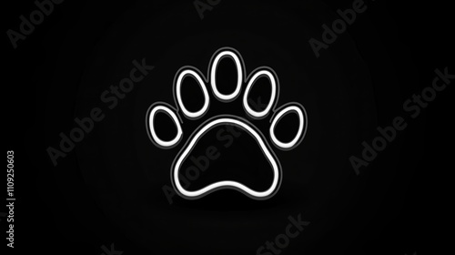 Stylish Dog Paw Print Minimalist Line Art Black Background Pet Icon