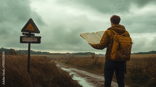 A solo adventurer stands at a crossroads in a rural landscape, holding a map.