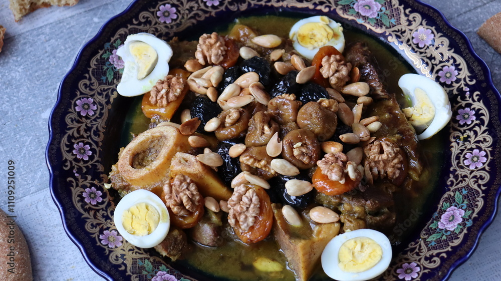 Fototapeta premium Traditional Moroccan Meat with Prunes, Nuts, and Boiled Eggs in Ornate Peacock Platter – Authentic North African Cuisine for Festive Occasions 