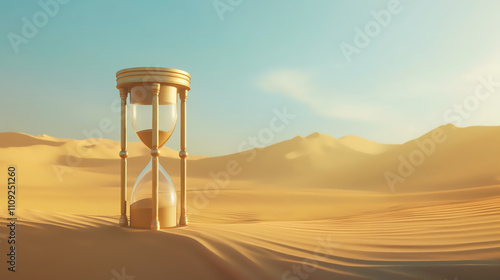 Hourglass in barren desert under soft golden light