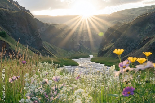 Sun rays bursting through clouds illuminating a wildflower filled valley with a river flowing through it photo