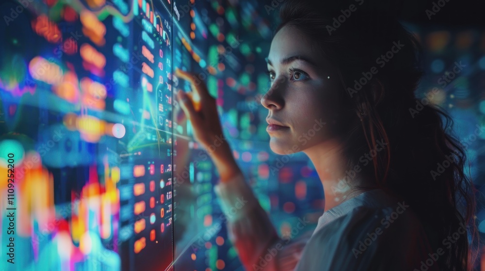 Woman interacts with a holographic data display. Woman interacts with a holographic data display.