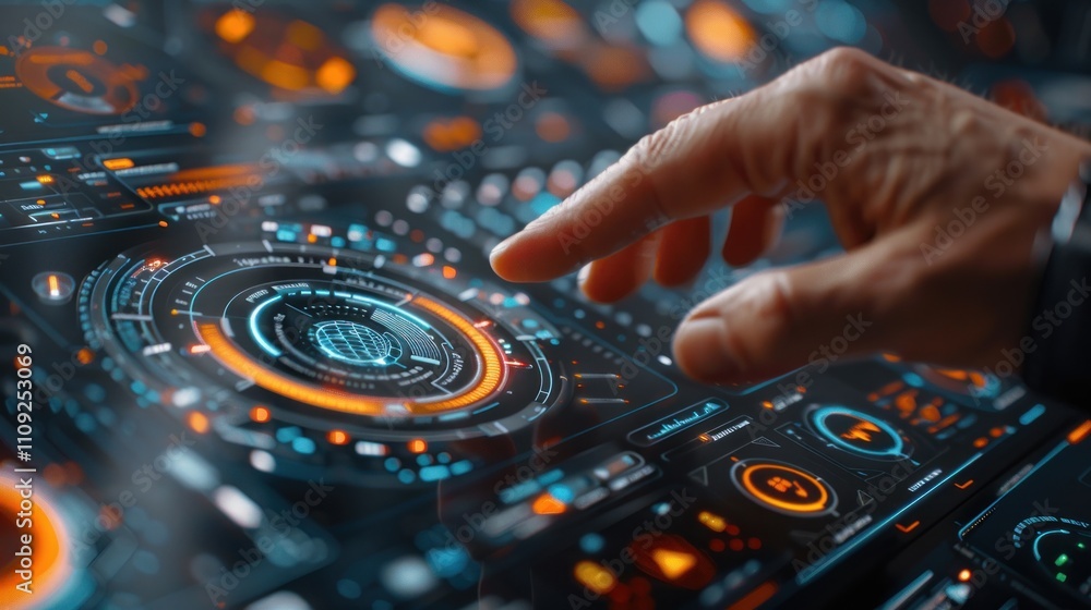 Naklejka premium Hand interacting with futuristic digital interface.