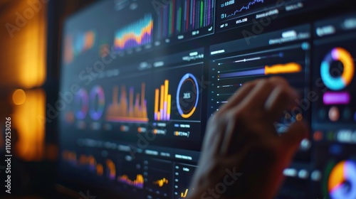 Hand interacting with a data visualization display showing charts and graphs.