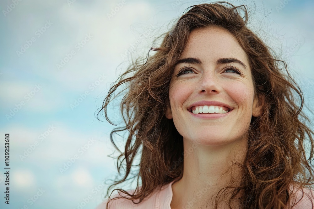 Woman smiling looks upward with windblown hair Woman smiling looks upward with windblown hair