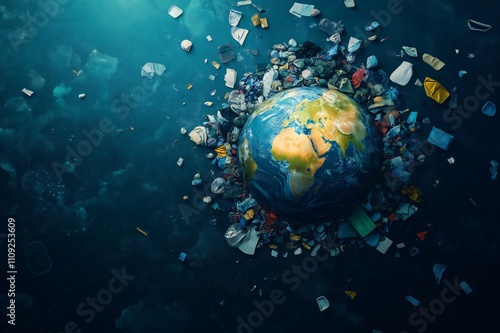 Fototapeta Naklejka Na Ścianę i Meble -  Miniature model of planet earth surrounded by plastic and garbage, symbolizing pollution