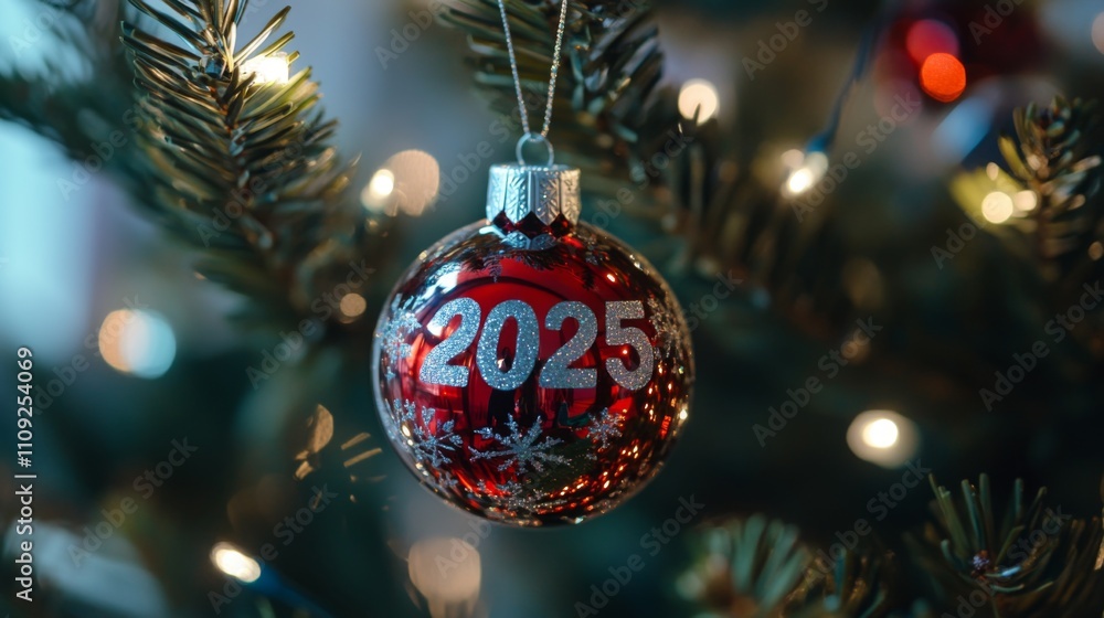 A shiny red Christmas ornament with the year 2025 written in glitter hangs on a tree branch, surrounded by twinkling lights, evoking festive spirit and wonder. A shiny red Christmas ornament with the year 2025 written in glitter hangs on a tree branch, surrounded by twinkling lights, evoking festive spirit and wonder.