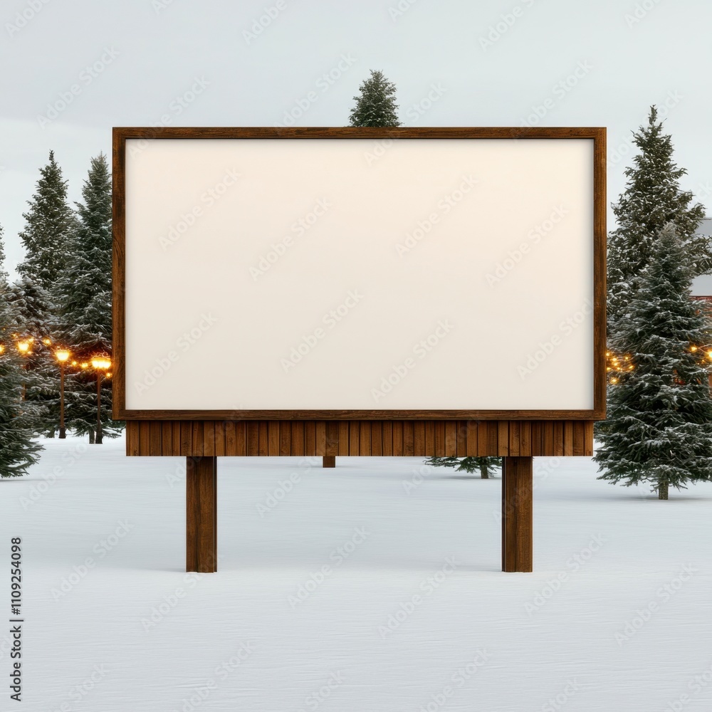Obraz premium Festive mock-up of a large outdoor billboard concept. A blank wooden billboard stands in a snowy landscape surrounded by evergreen trees, creating a serene winter scene