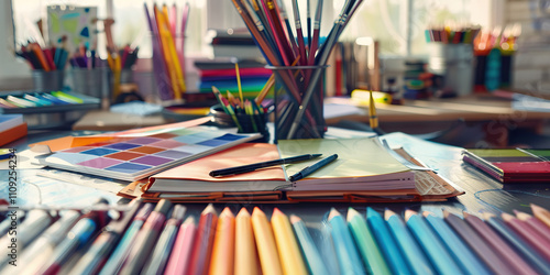 Wallpaper Mural Close-up of a designer's desk with sketchbooks and color swatches, showing a creative job in graphic design Torontodigital.ca