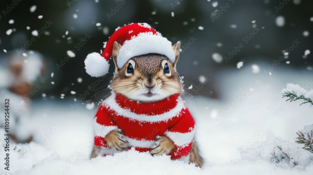 A cute chipmunk wears a tiny Santa hat and red sweater, sitting in a gentle snowfall, capturing the whimsy and coziness of the winter holiday spirit. A cute chipmunk wears a tiny Santa hat and red sweater, sitting in a gentle snowfall, capturing the whimsy and coziness of the winter holiday spirit.