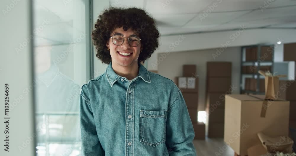 New business, happy and face of man by boxes for rental property, commercial investment and startup office. Young entrepreneur, portrait and pride for building relocation, dream company and moving in New business, happy and face of man by boxes for rental property, commercial investment and startup office. Young entrepreneur, portrait and pride for building relocation, dream company and moving in