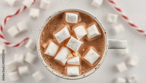 Overhead view of cup of hot chocolate with marshmallows with a white accent, png