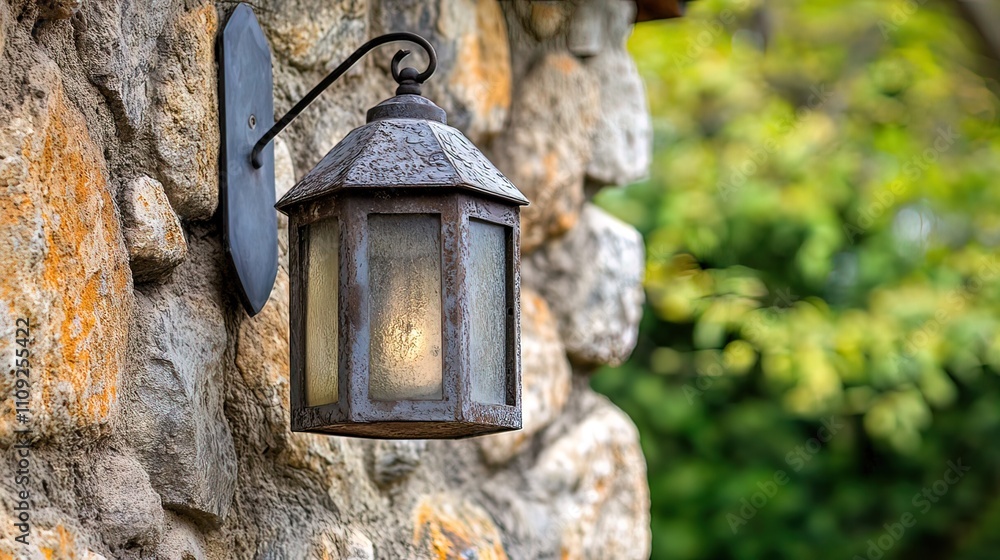 Rustic metal lantern mounted on a stone wall, illuminated with a warm light. Rustic metal lantern mounted on a stone wall, illuminated with a warm light.
