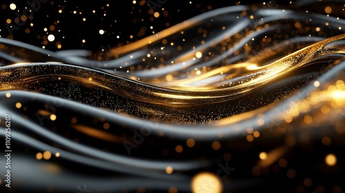 Flowing abstract lines in gold and black create a dynamic composition filled with twinkling sparkles, conveying a sense of elegance, luxury, and mysterious allure. photo