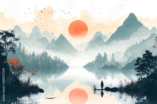 Hand painted Chinese style artistic conception Abstract landscape painting
 photo