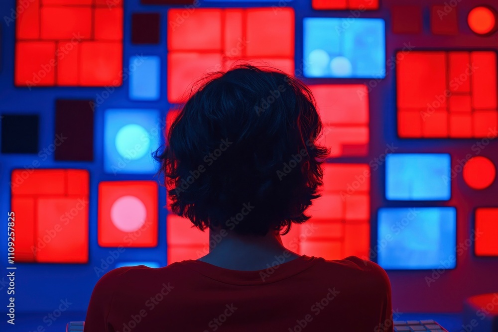 Person Viewing a Wall of Red and Blue Squares Person Viewing a Wall of Red and Blue Squares
