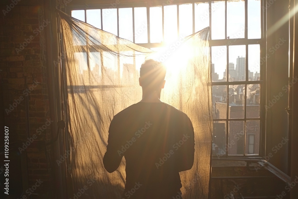 Man Silhouetted Against Sunset City Window View Man Silhouetted Against Sunset City Window View