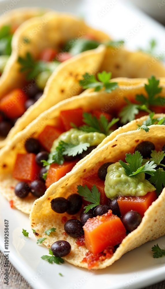 Fresh vegetable tacos with black beans and guacamole, vibrant and healthy meal Fresh vegetable tacos with black beans and guacamole, vibrant and healthy meal