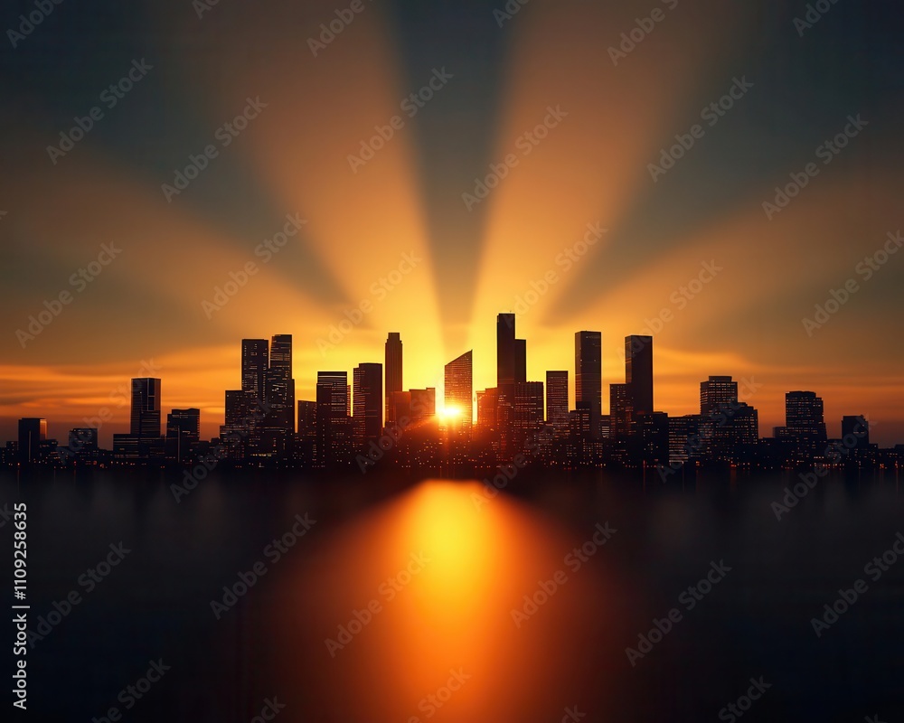 Fototapeta premium Golden sunrise, city illuminated by beams of wealth, 3D illustration