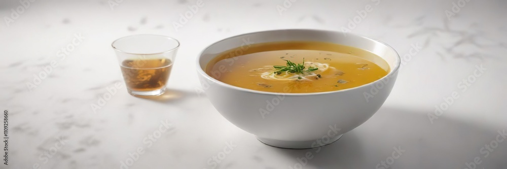 Bowl of clear broth on a minimalist white background, white, minimalism Bowl of clear broth on a minimalist white background, white, minimalism
