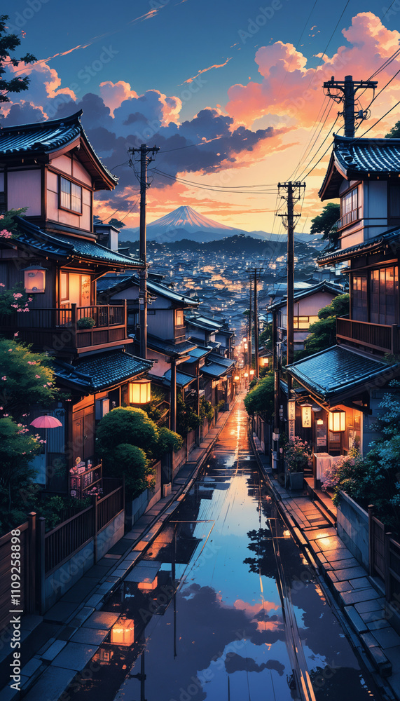 Fototapeta premium lofi cozy japanese tokyo town street in the evening landscape with anime artstyle.