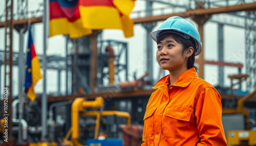 a woman in orange special work clothes and a hard hat standing in front of a vast industrial construction site.