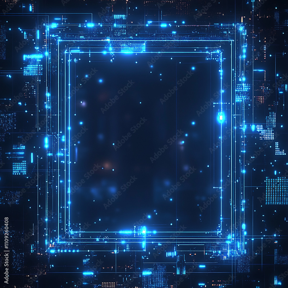 Obraz premium glowing neon blue frame on matrix electron particle background for NFT portrait frame.