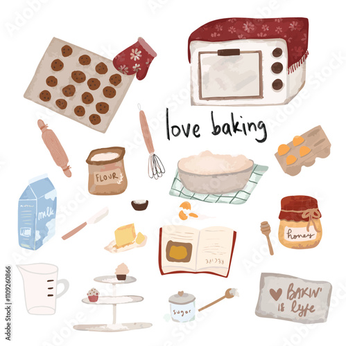 set Love baking element lover cooking cake chef kitchen watercolor hobby vector hand drawn vintage