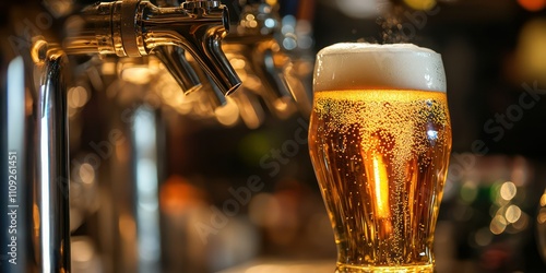 A close-up of a beer glass being filled from a tap, with the foam rising to the top under warm lighting.  photo