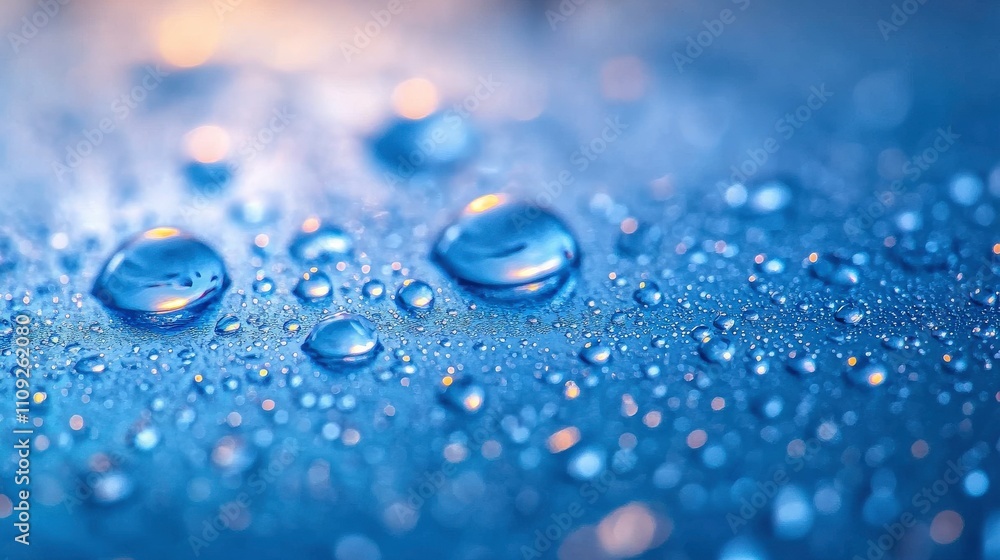 Close-Up of Raindrops on a Surface with a Soft Blue Background Showing Bokeh Effect, Perfect for Nature and Abstract Photography Themes Close-Up of Raindrops on a Surface with a Soft Blue Background Showing Bokeh Effect, Perfect for Nature and Abstract Photography Themes